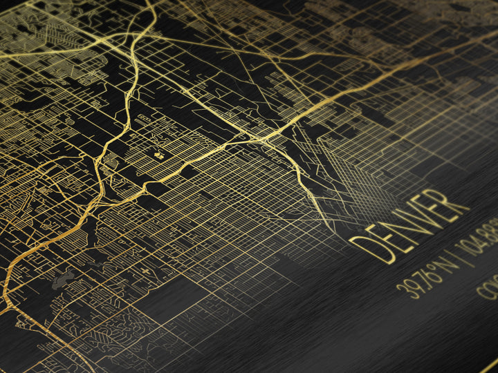 Denver Colorado City street map, Metallic Gold Print, Metal Art, wood framed map, black and gold, Street Map Art, Travel Poster, Modern House Art