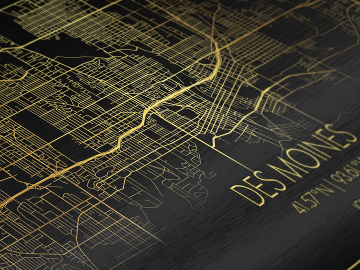 Des Moines Iowa City Poster, Metallic Gold Art, Metal Art, real wood frames, black and gold, Street Map Wall Art, Housewarming Gift, Map Art