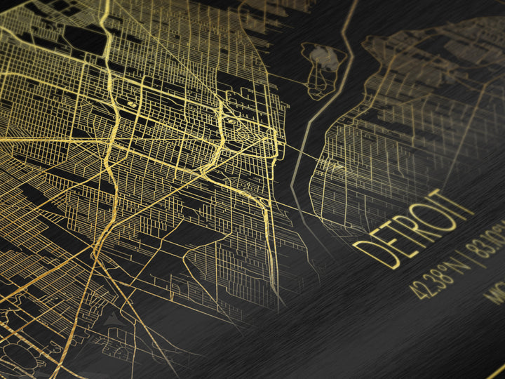 Detroit Michigan City street map, Metallic Gold Print, Metal Art, wood framed map, black and gold, Street Map Art, Map Print Poster