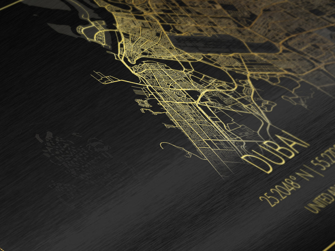 Dubai United Arab Emirates City Poster, Metallic Gold Art, Metal Art, real wood frames, black and gold, Street Map Art, Travel Poster, Gold Street Map Art