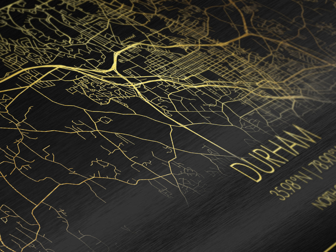 Durham North Carolina City Poster, Metallic Gold Art, Metal Art, real wood frames, black and gold, Street Map Art, Minimalist Wall Art, Office Decor