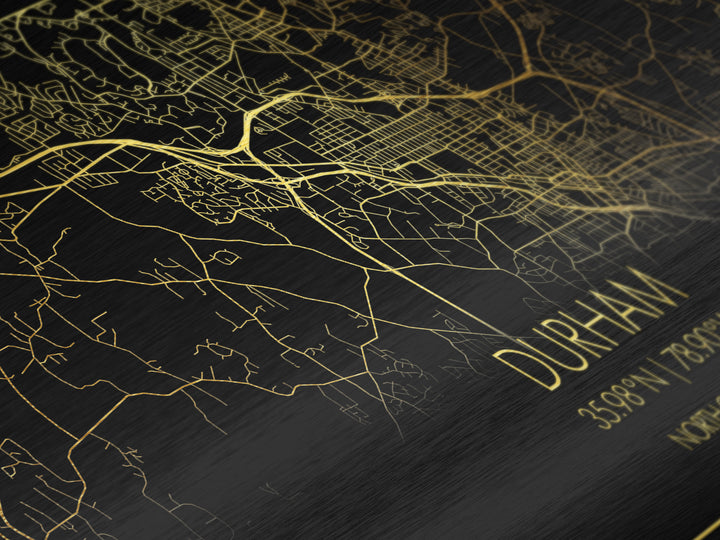 Durham North Carolina City Poster, Metallic Gold Art, Metal Art, real wood frames, black and gold, Street Map Art, Minimalist Wall Art, Office Decor