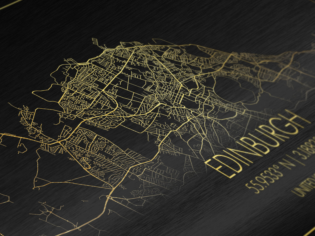 Edinburgh United Kingdom City street map, Metallic Gold Print, Metal Art, wood framed map, black and gold, Street Map Art, Travel Poster, Modern Wall Art