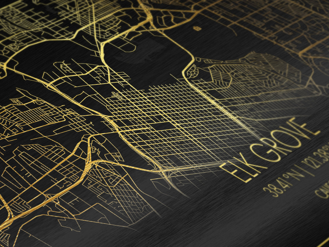 Elk Grove California City Poster, Metallic Gold Art, Metal Art, real wood frames, black and gold, Street Map Wall Art, Office Decor