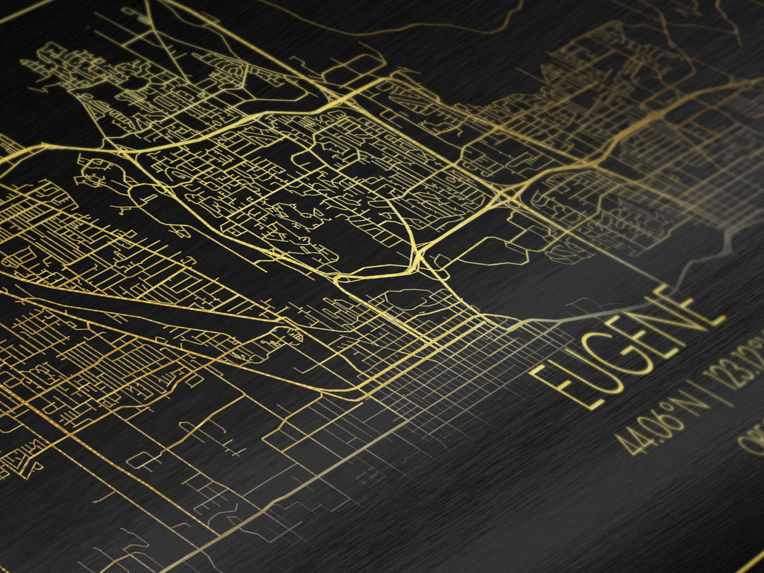 Eugene Oregon City Poster, Metallic Gold Art, Metal Art, real wood frames, black and gold, Travel Poster, Street Map Wall Art, Real Wood Frames
