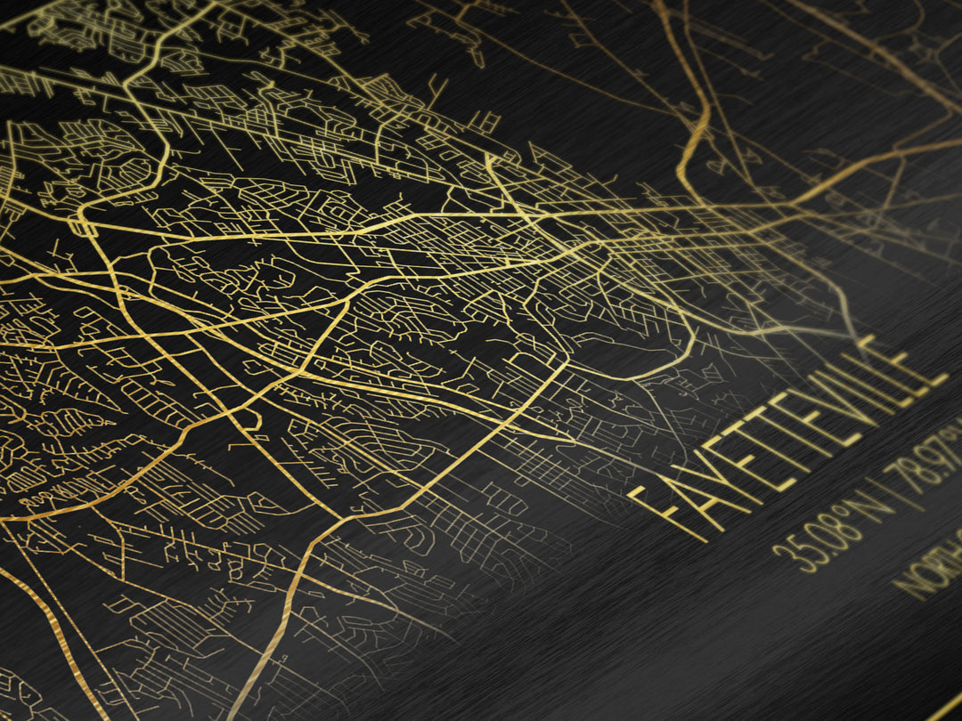 Fayetteville North Carolina City street map, Metallic Gold Print, Metal Art, wood framed map, black and gold, Street Map Art, College Dorm Décor