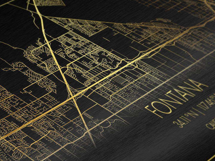 Fontana California City Poster, Metallic Gold Art, Metal Art, real wood frames, black and gold, Street Map Wall Art, Gold Street Map Art