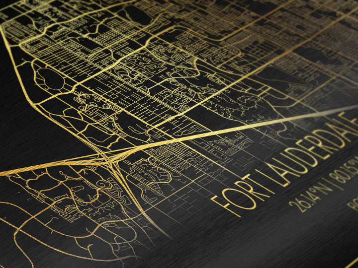 Fort Lauderdale Florida City street map, Metallic Gold Print, Metal Art, wood framed map, black and gold, Street Map Art, Housewarming Gift