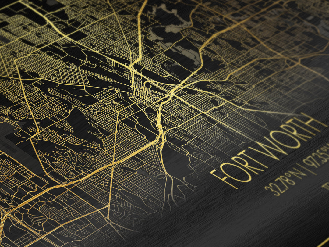 Fort Worth Texas City street map, Metallic Gold Print, Metal Art, wood framed map, black and gold, Street Map Art, Travel Poster, Real Wood Frames