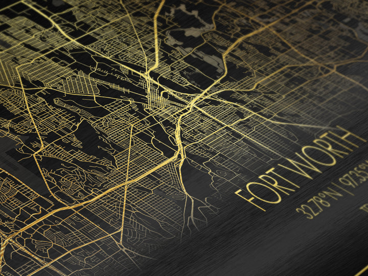 Fort Worth Texas City street map, Metallic Gold Print, Metal Art, wood framed map, black and gold, Street Map Art, Travel Poster, Real Wood Frames