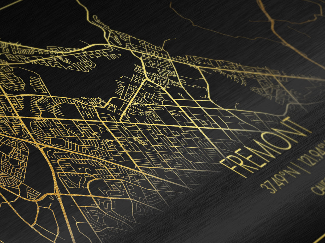 Fremont California City Poster, Metallic Gold Art, Metal Art, real wood frames, black and gold, Street Map Wall Art, Best Friend Gifts