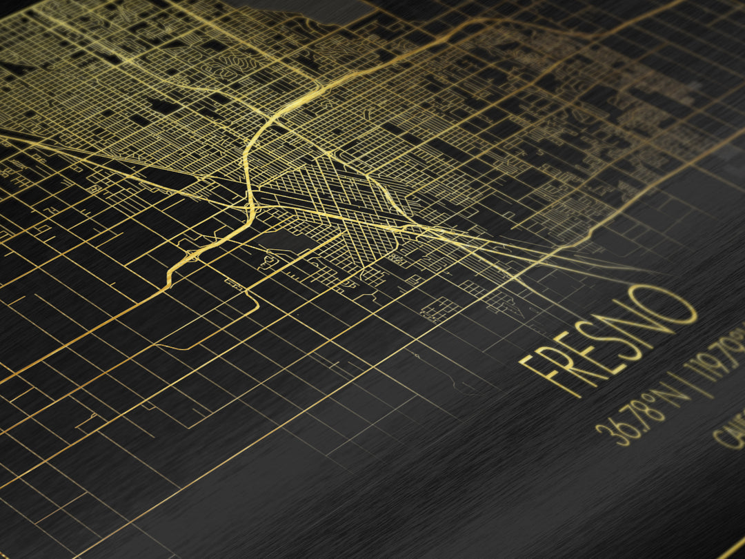 Fresno California City street map, Metallic Gold Print, Metal Art, wood framed map, black and gold, Street Map Art, Map Print Poster