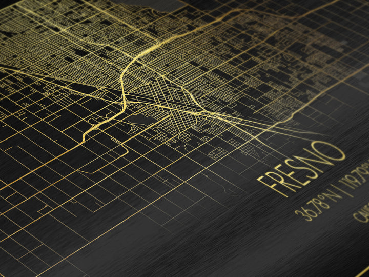 Fresno California City street map, Metallic Gold Print, Metal Art, wood framed map, black and gold, Street Map Art, Map Print Poster