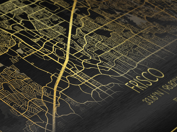 Frisco Texas City Poster, Metallic Gold Art, Metal Art, real wood frames, black and gold, Street Map Wall Art, College Dorm Décor, Office Decor
