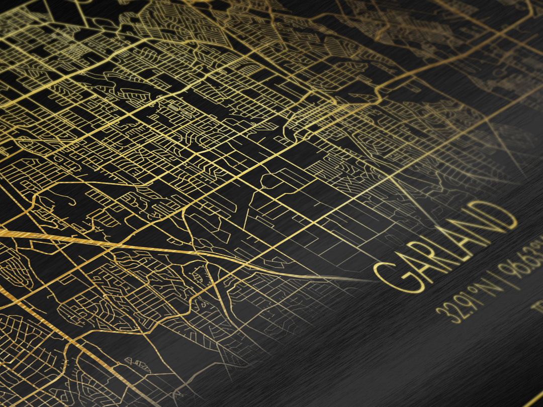 Garland Texas City Poster, Metallic Gold Art, Metal Art, real wood frames, black and gold, Street Map Wall Art, Travel Poster
