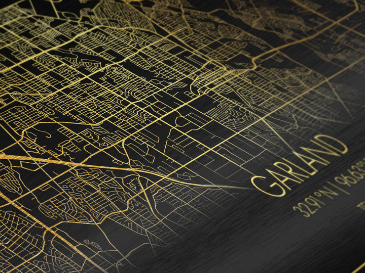 Garland Texas City Poster, Metallic Gold Art, Metal Art, real wood frames, black and gold, Street Map Wall Art, Travel Poster