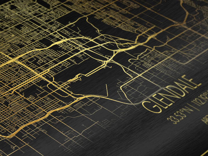 Glendale Arizona City Poster, Metallic Gold Art, Metal Art, real wood frames, black and gold, Street Map Wall Art, Travel Poster