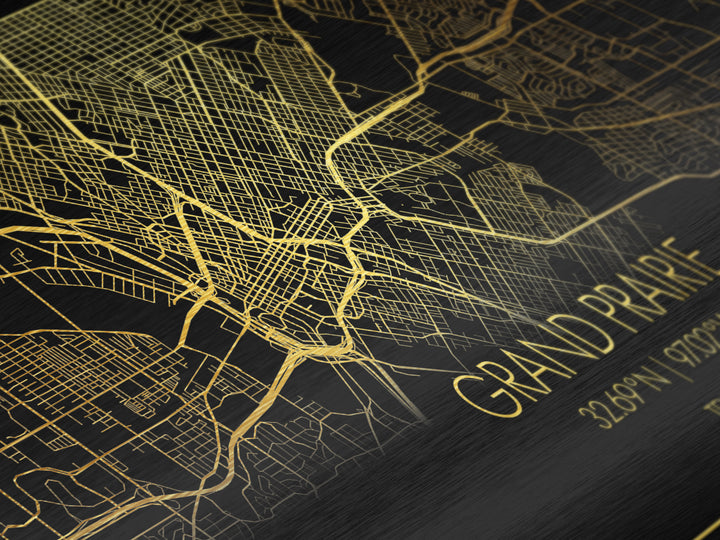Grand Prairie Texas City Poster, Metallic Gold Art, Metal Art, real wood frames, black and gold, Street Map Wall Art, Map Art