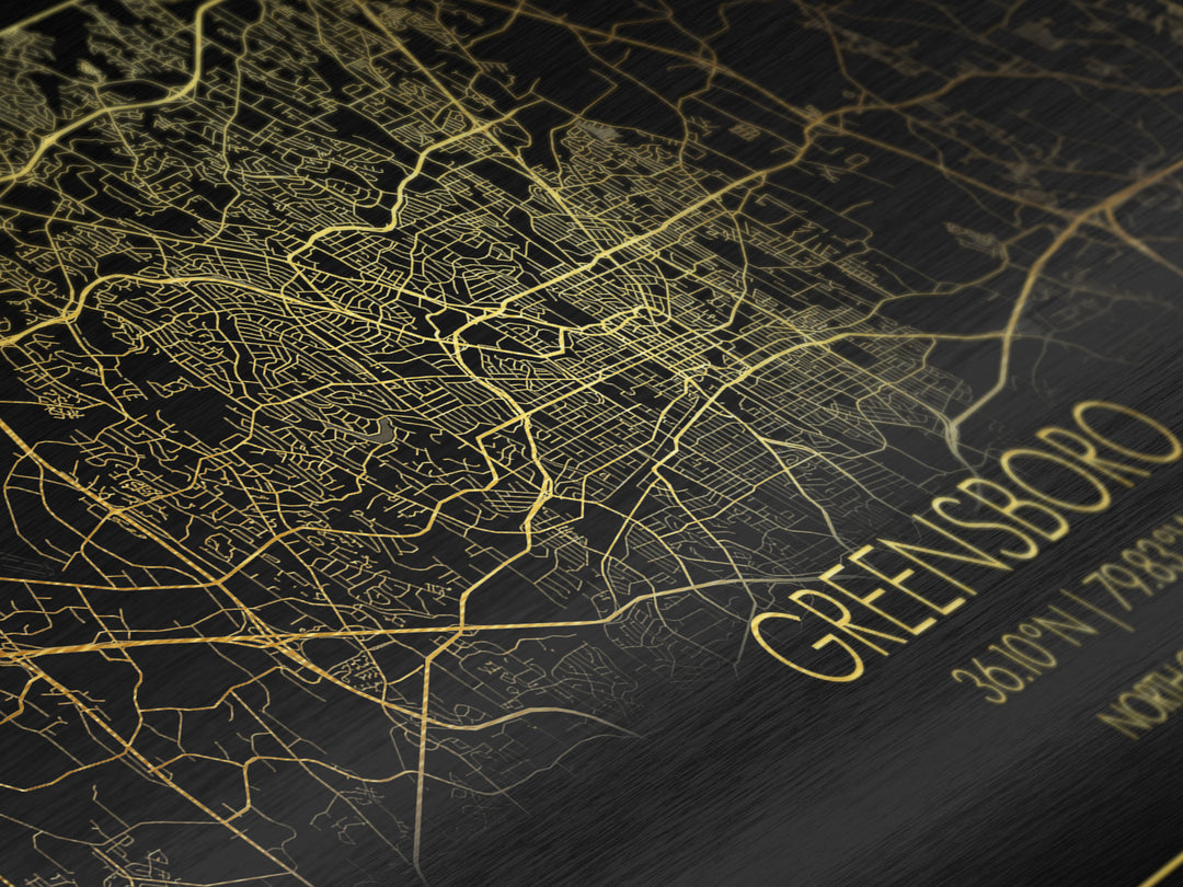 Greensboro North Carolina City Poster, Metallic Gold Art, Metal Art, real wood frames, black and gold, Street Map Wall Art, Office Decor