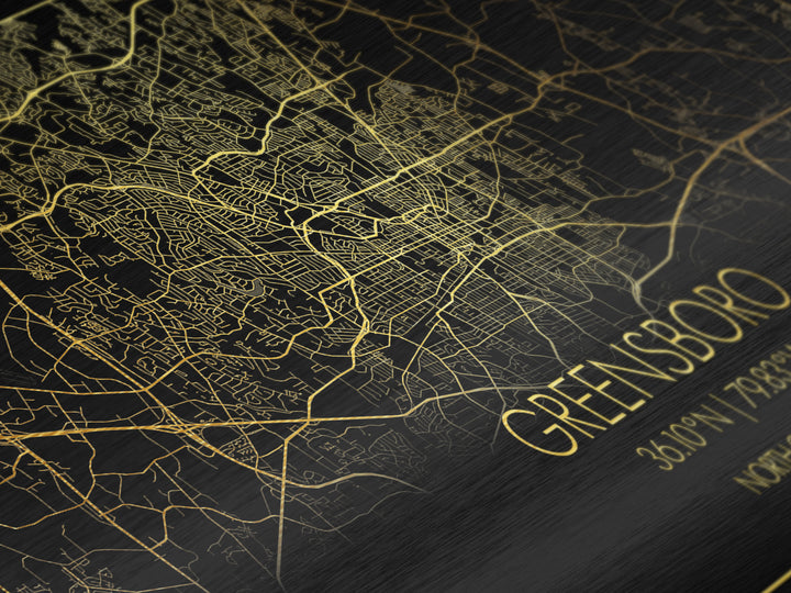 Greensboro North Carolina City Poster, Metallic Gold Art, Metal Art, real wood frames, black and gold, Street Map Wall Art, Office Decor