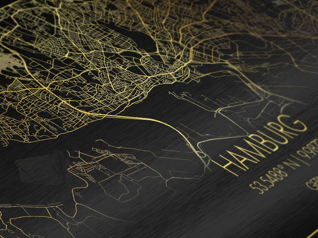 Hamburg Germany City street map, Metallic Gold Print, Metal Art, wood framed map, black and gold, Street Map Art, Travel Poster