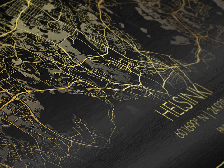 Helsinki Finland City Poster, Metallic Gold Art, Metal Art, real wood frames, black and gold, Street Map Wall Art, Map Art