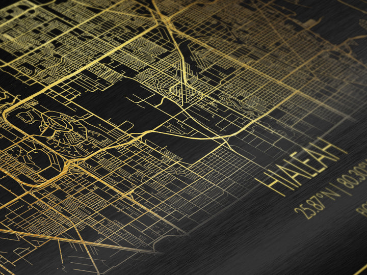 Hialeah Florida City Poster, Metallic Gold Art, Metal Art, real wood frames, black and gold, Street Map Wall Art, Map Print Poster