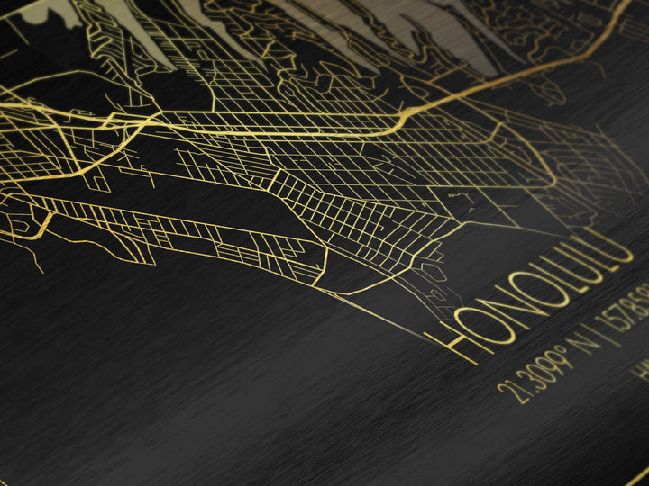 Honolulu Hawaii City Poster, Metallic Gold Art, Metal Art, real wood frames, black and gold, Street Map Wall Art, Best Friend Gifts
