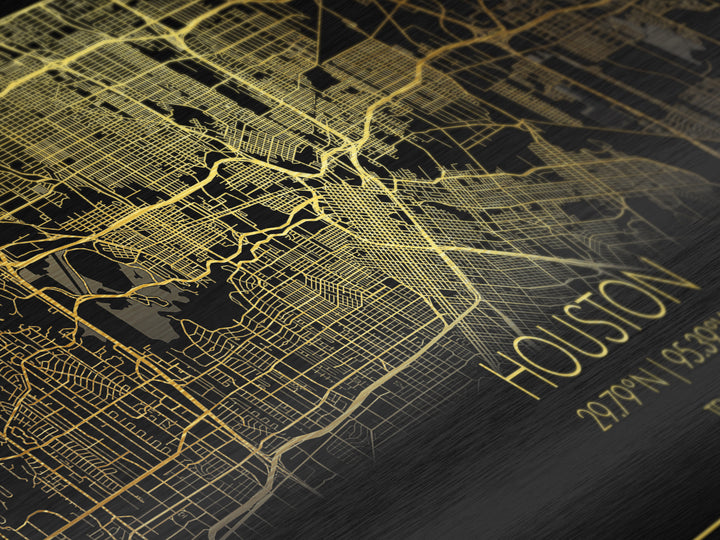 Houston Texas City street map, Metallic Gold Print, Metal Art, wood framed map, black and gold, Street Map Art, Travel Poster, Modern House Art