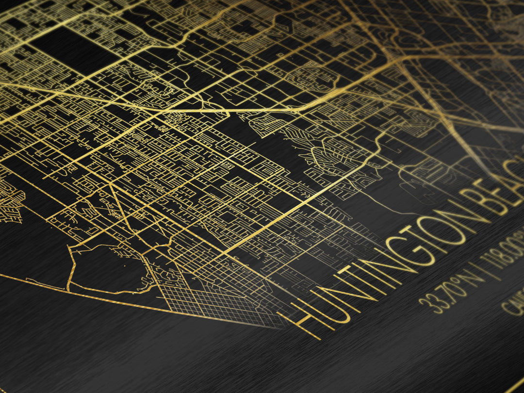 Huntington Beach California City Poster, Metallic Gold Art, Metal Art, real wood frames, black and gold, Street Map Wall Art, Office Decor