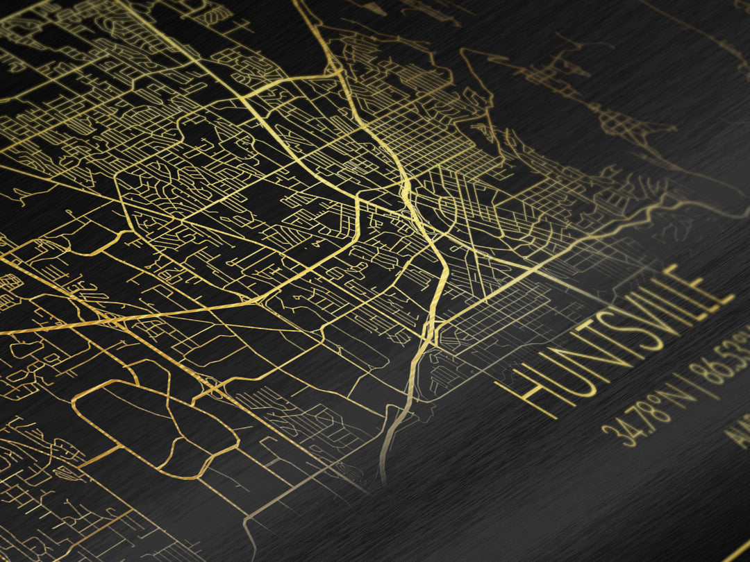 Huntsville Alabama City street map, Metallic Gold Print, Metal Art, wood framed map, black and gold, Street Map Art, Housewarming Gift