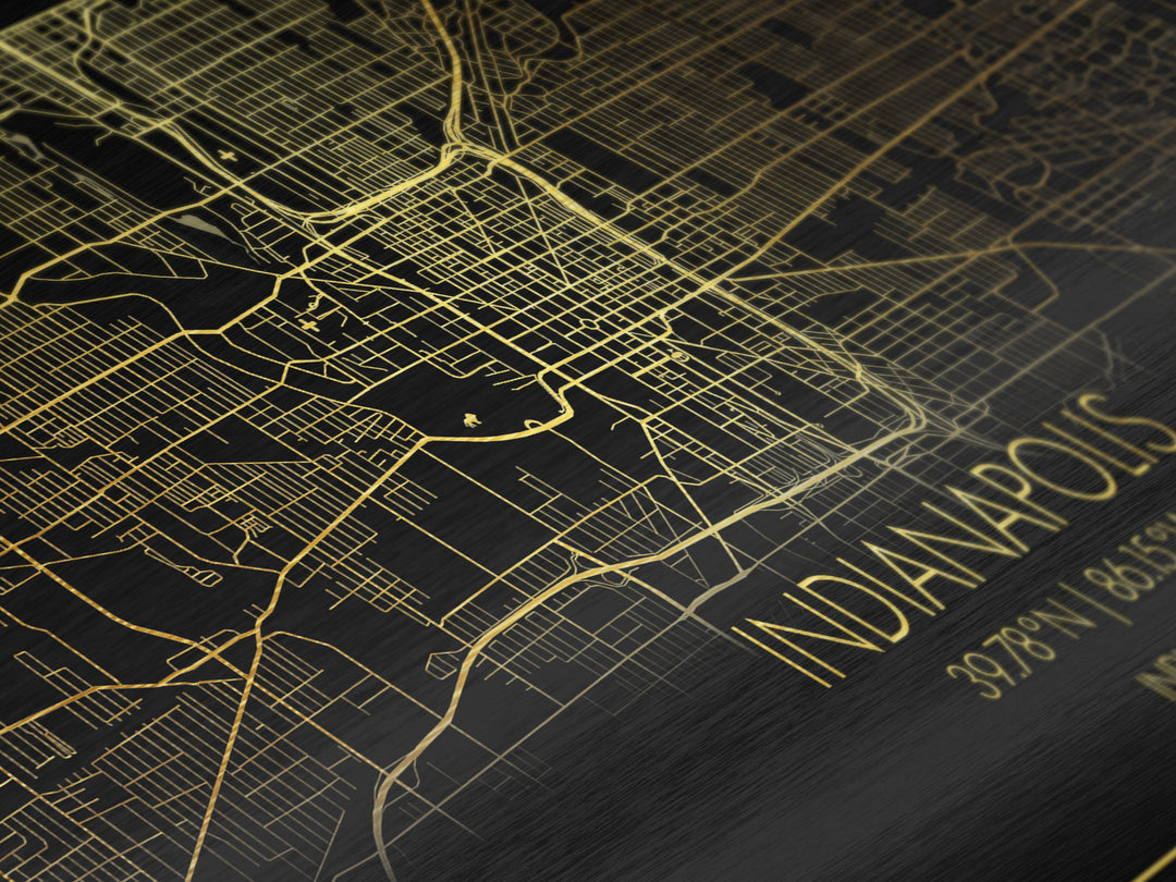 Indianapolis Indiana City Poster, Metallic Gold Art, Metal Art, real wood frames, black and gold, Street Map Wall Art, Map Print Poster