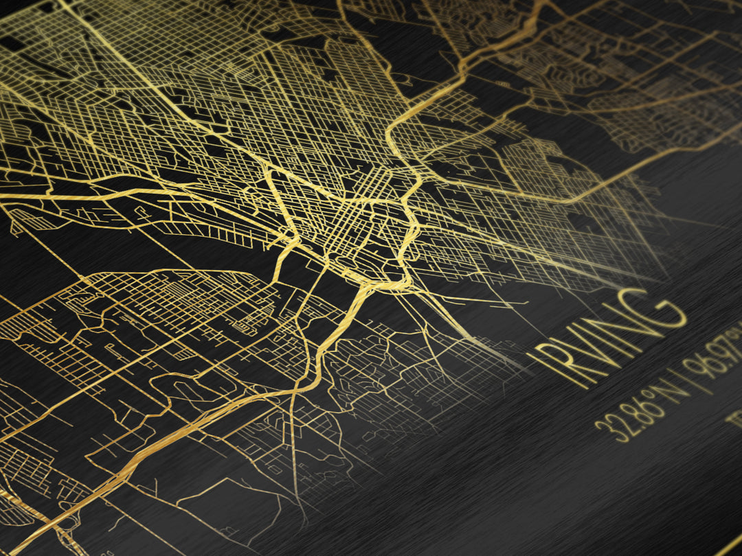 Irving Texas City Poster, Metallic Gold Art, Metal Art, real wood frames, black and gold, Street Map Wall Art, College Dorm Décor