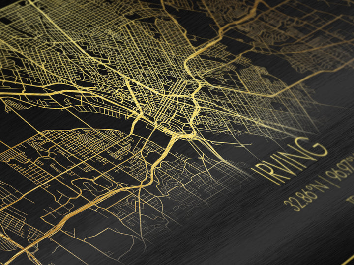 Irving Texas City Poster, Metallic Gold Art, Metal Art, real wood frames, black and gold, Street Map Wall Art, College Dorm Décor