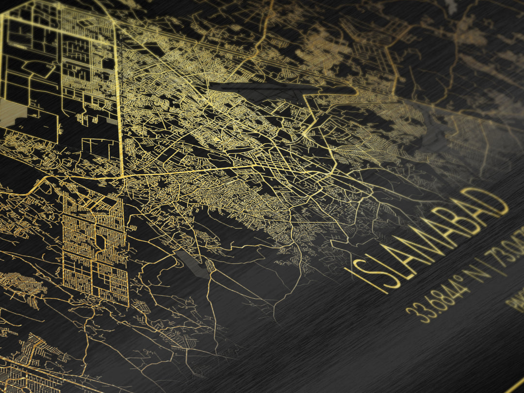 Islamabad Pakistan City street map, Metallic Gold Print, Metal Art, wood framed map, black and gold, Street Map Art, Best Friend Gifts