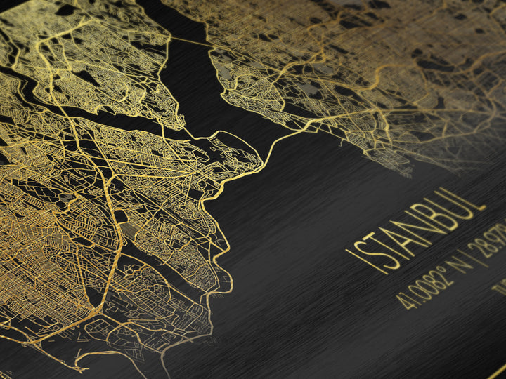Istanbul Turkey City Poster, Metallic Gold Art, Metal Art, real wood frames, black and gold, Street Map Wall Art, Housewarming Gift