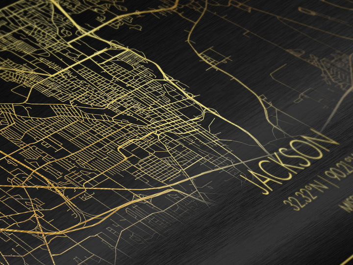 Jackson Mississippi City street map, Metallic Gold Print, Metal Art, wood framed map, black and gold, Street Map Art, Map Art