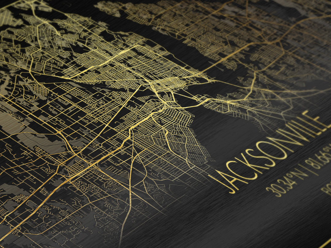 Jacksonville Florida City Poster, Metallic Gold Art, Metal Art, real wood frames, black and gold, Street Map Wall Art, Office Decor