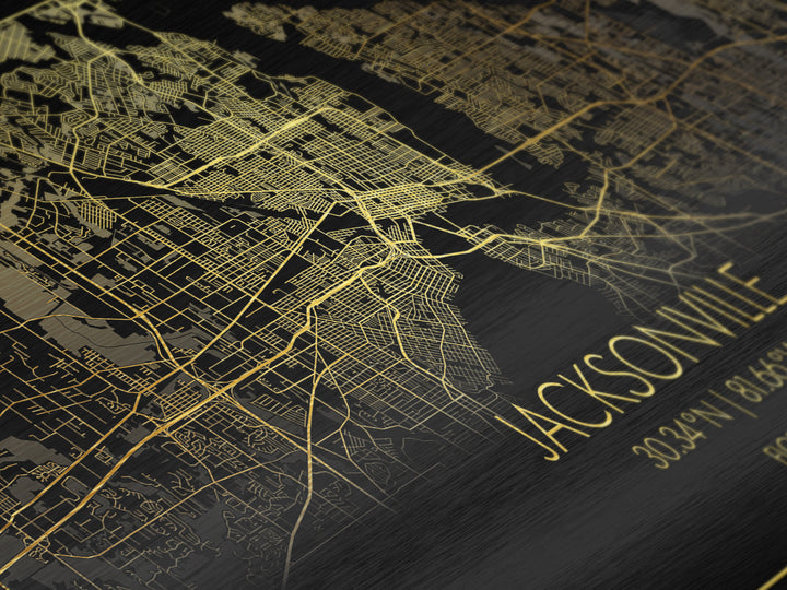Jacksonville Florida City Poster, Metallic Gold Art, Metal Art, real wood frames, black and gold, Street Map Wall Art, Office Decor