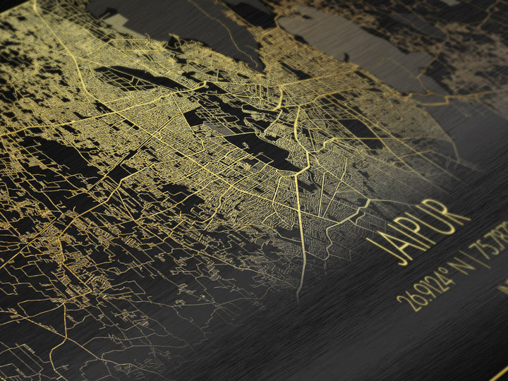 Jaipur India City street map, Metallic Gold Print, Metal Art, wood framed map, black and gold, Street Map Art, Gold Street Map Art