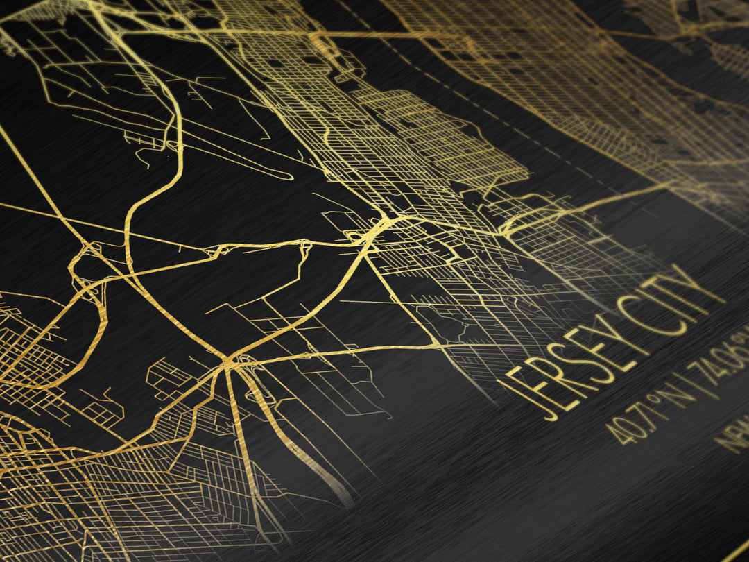 Jersey City New Jersey City Poster, Metallic Gold Art, Metal Art, real wood frames, black and gold, Street Map Wall Art, College Dorm Décor