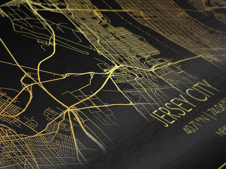 Jersey City New Jersey City Poster, Metallic Gold Art, Metal Art, real wood frames, black and gold, Street Map Wall Art, College Dorm Décor