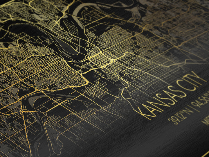 Kansas City Missouri City street map, Metallic Gold Print, Metal Art, wood framed map, black and gold, Street Map Art, Minimalist Wall Art