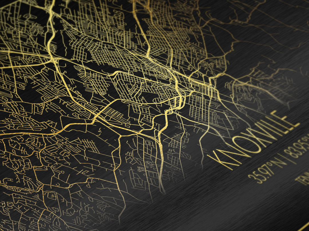 Knoxville Tennessee City Poster, Metallic Gold Art, Metal Art, real wood frames, black and gold, Street Map Wall Art, Best Friend Gifts