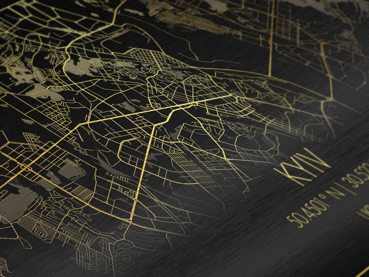Kyiv Ukraine City street map, Metallic Gold Print, Metal Art, wood framed map, black and gold, Street Map Wall Art, Travel Poster