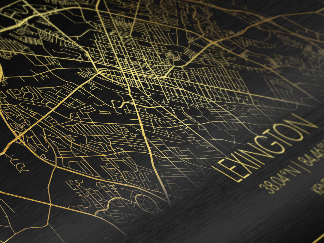 Lexington Kentucky City Poster, Metallic Gold Art, Metal Art, real wood frames, black and gold, Street Map Wall Art, Housewarming Gift