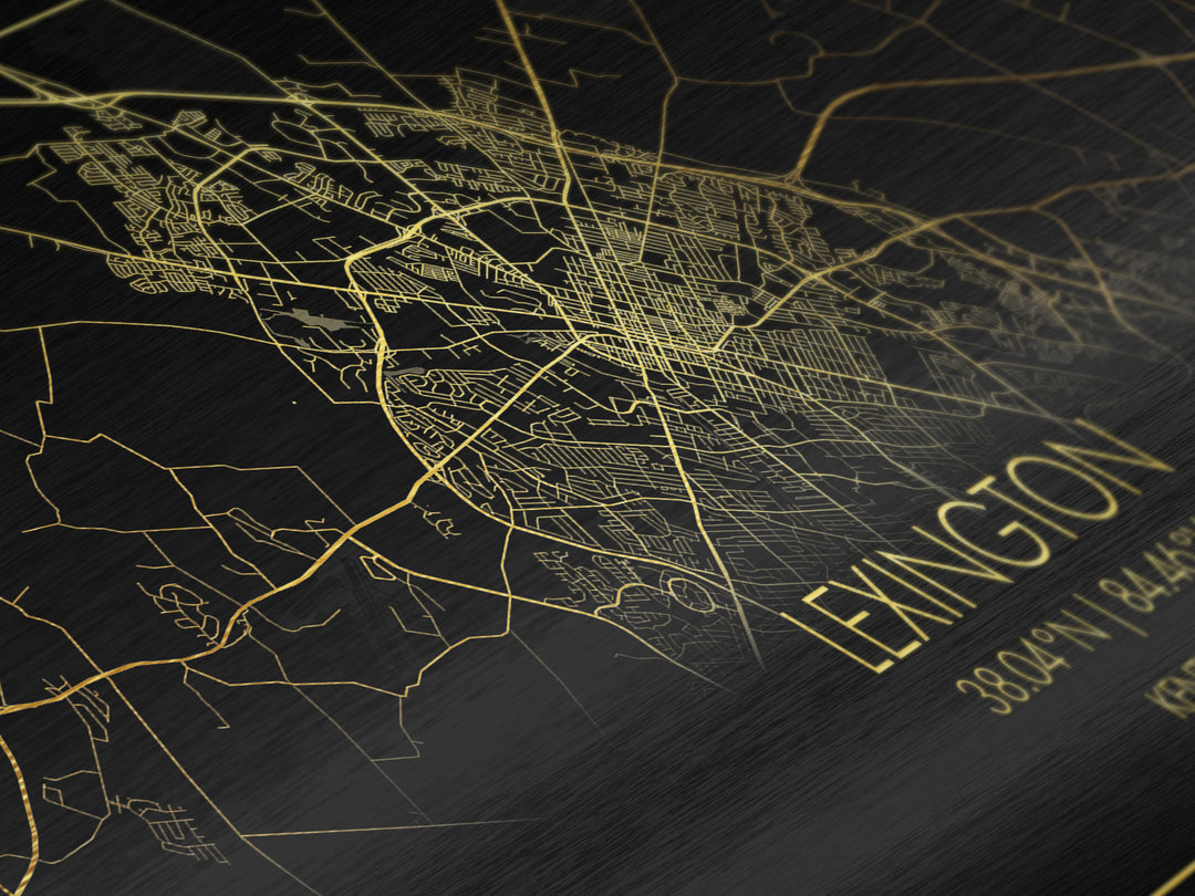 Lexington Kentucky City street map, Metallic Gold Print, Metal Art, wood framed map, black and gold, Minimalist Wall Art, Travel Poster