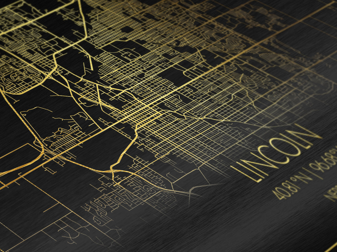 Lincoln Nebraska City Poster, Metallic Gold Art, Metal Art, real wood frames, black and gold, Street Map Art, Best Friend Gifts