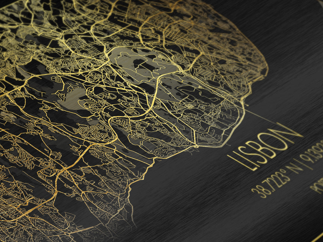 Lisbon Portugal City street map, Metallic Gold Print, Metal Art, wood framed map, black and gold, Travel Poster, Modern Wall Art