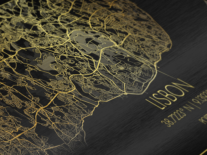 Lisbon Portugal City street map, Metallic Gold Print, Metal Art, wood framed map, black and gold, Travel Poster, Modern Wall Art